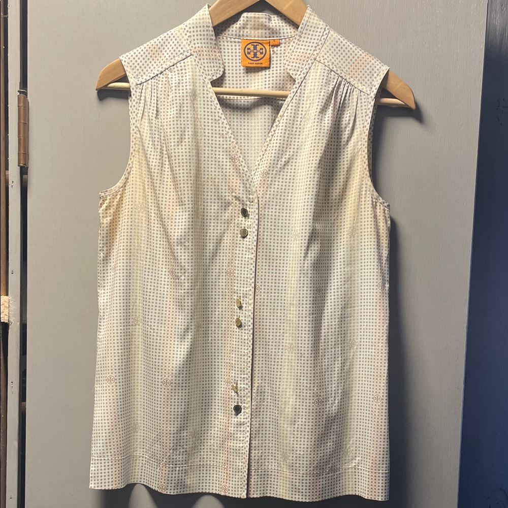 Tory Burch Stretch Silk Sleeveless Polka Dot Blouse!